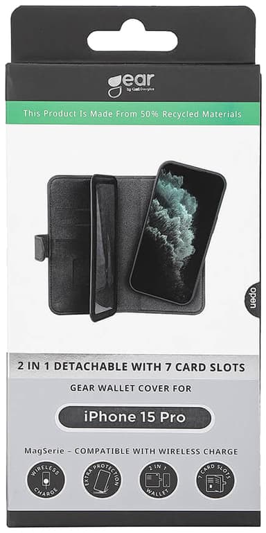 Gear 2in1 iPhone 15 Pro lompakkokotelo (7 korttipaikkaa, musta)