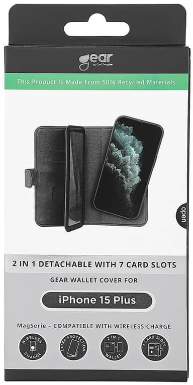 Gear 2in1 iPhone 15 Plus lompakkokotelo (7 korttipaikkaa, musta)