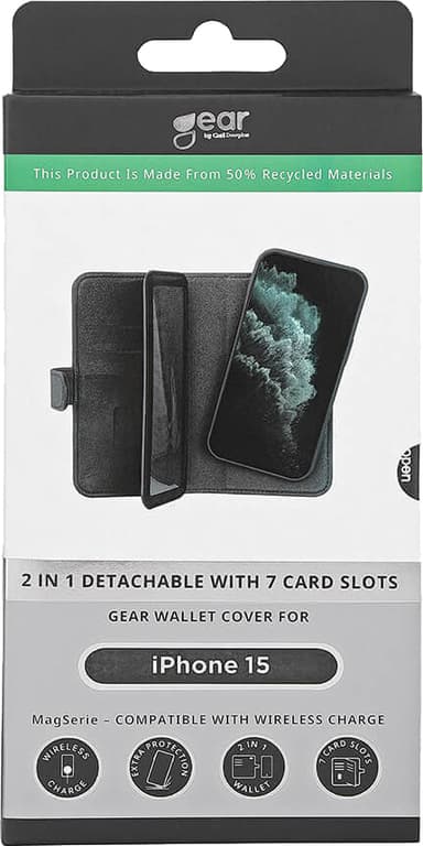 Gear 2in1 iPhone 15 lompakkokotelo (7 korttipaikkaa, musta)