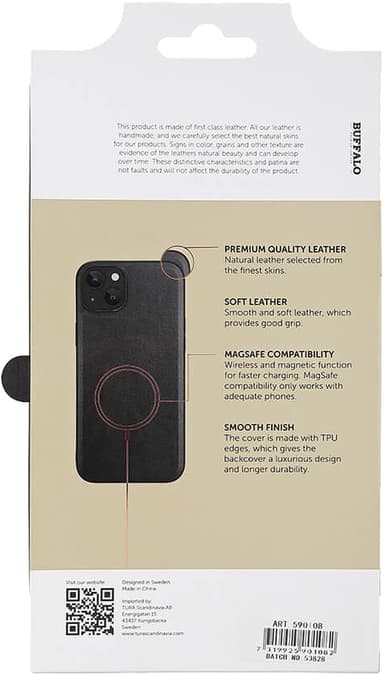 Buffalo iPhone 15 Plus Leather MagSeries suojakuori (musta)