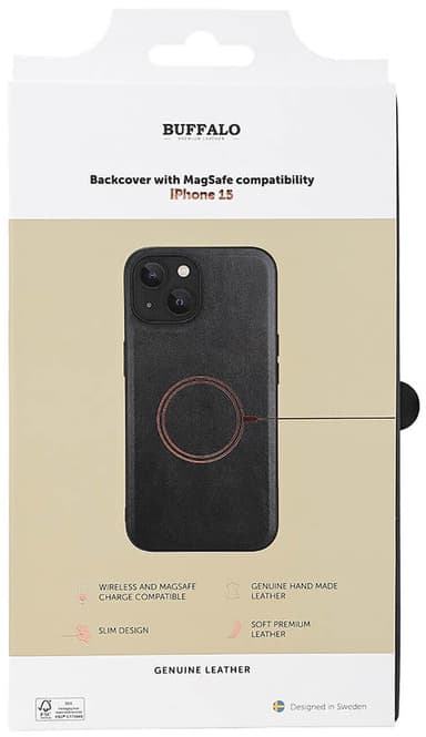 Buffalo iPhone 15 Leather MagSeries suojakuori (musta)