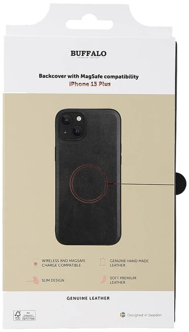 Buffalo iPhone 15 Plus Leather MagSeries suojakuori (musta)