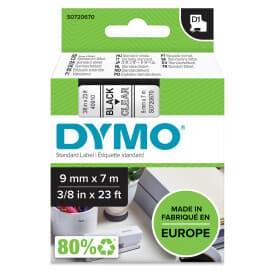 DYMO D1 merkkausteippi, 9mm, läpinäkyvä/musta teksti, 7m - 45010