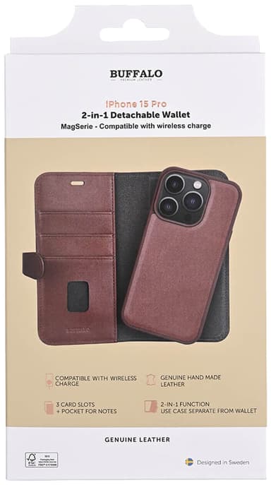 Buffalo iPhone 15 Pro 2in1 Leather MagSeries lompakkokotelo (ruskea)