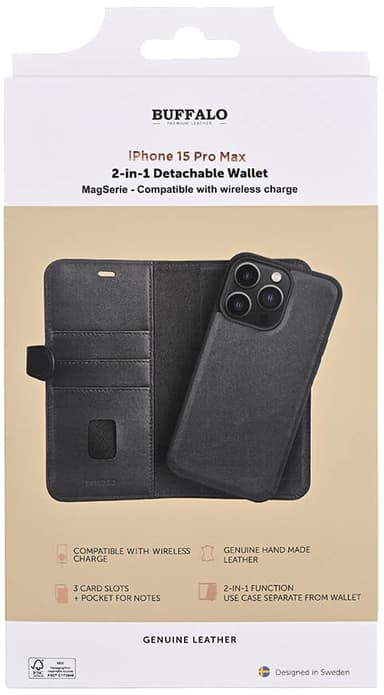 Buffalo iPhone 15 Pro Max 2in1 Leather MagSeries lompakkokotelo (mus.)