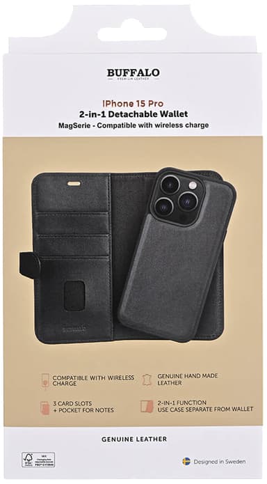 Buffalo iPhone 15 Pro 2in1 Leather MagSeries lompakkokotelo (musta)