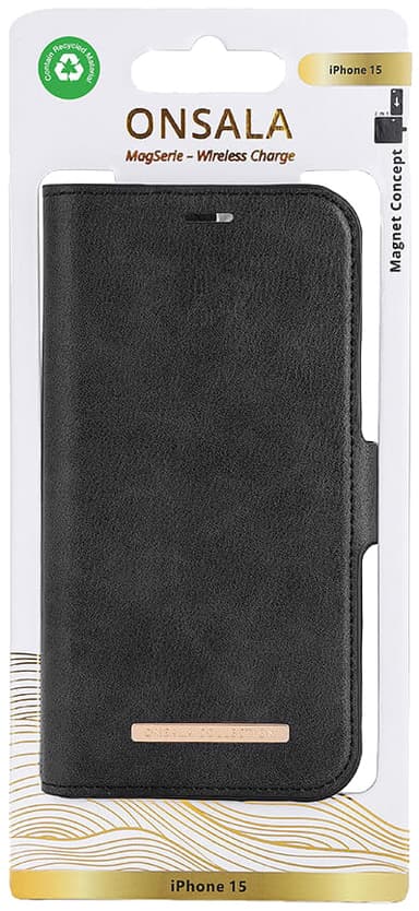 Onsala iPhone 15 Magnetic Eco lompakkokotelo (musta)