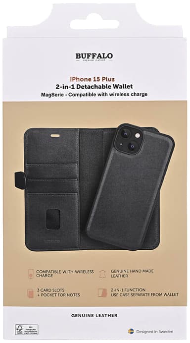 Buffalo iPhone 15 Plus 2in1 Leather MagSeries lompakkokotelo (musta)