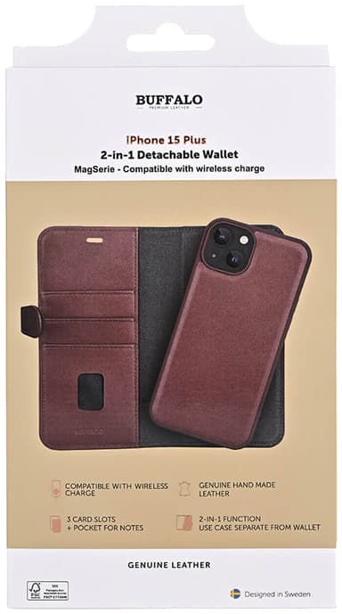 Buffalo iPhone 15 Plus 2in1 Leather MagSeries lompakkokotelo (ruskea)