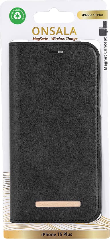 Onsala iPhone 15 Plus Magnetic Eco lompakkokotelo (musta)