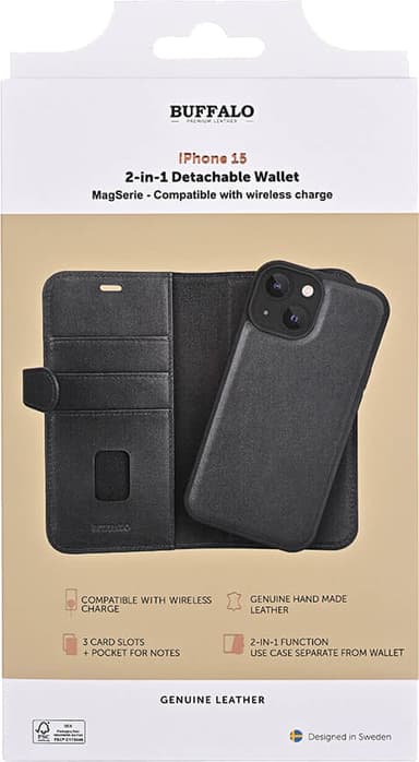 Buffalo iPhone 15 2in1 Leather MagSeries lompakkokotelo (musta)
