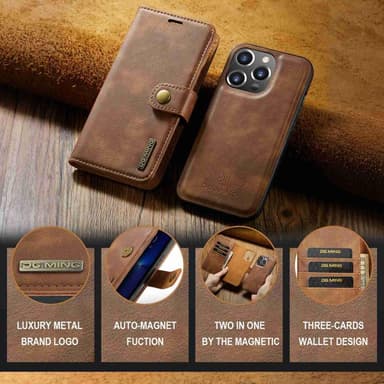 DG MING iPhone 15 Pro Max 2-in-1 magneetti lompakkokotelo - Ruskea
