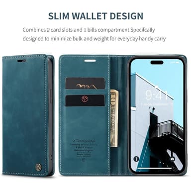 CASEME Retro lompakkokotelo iPhone 15 Prolle - Sininen