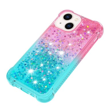 SKALO iPhone 15 Juoksuhiekka Glitter Sydämet TPU kuori - Pinkki-Turkoosi