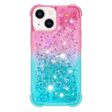 SKALO iPhone 15 Juoksuhiekka Glitter Sydämet TPU kuori - Pinkki-Turkoosi