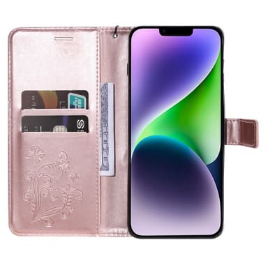 SKALO iPhone 15 Plus Mandala Butterfly lompakkokotelo - Ruusukulta