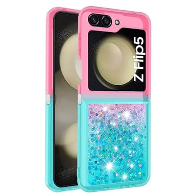 SKALO Samsung Z Flip5 Juoksuhiekka Glitter Sydämet TPU kuori - Pinkki-Turkoosi