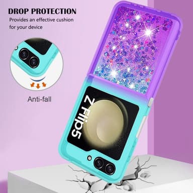 SKALO Samsung Z Flip5 Juoksuhiekka Glitter Sydämet TPU kuori - Turkoosi-Violetti