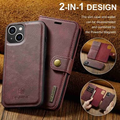 DG MING iPhone 15 2-in-1 magneetti lompakkokotelo - Punainen