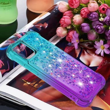 SKALO iPhone 15 Juoksuhiekka Glitter Sydämet TPU kuori - Turkoosi-Violetti