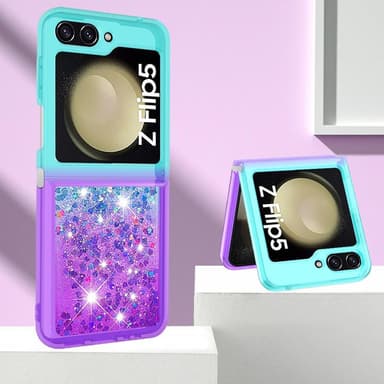 SKALO Samsung Z Flip5 Juoksuhiekka Glitter Sydämet TPU kuori - Turkoosi-Violetti