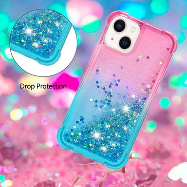 SKALO iPhone 15 Juoksuhiekka Glitter Sydämet TPU kuori - Pinkki-Turkoosi