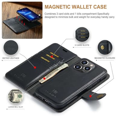 DG MING iPhone 15 Pro Max 2-in-1 magneetti lompakkokotelo - Musta