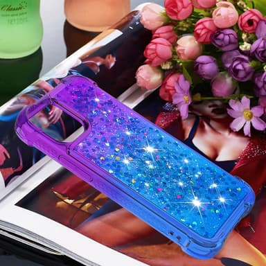 SKALO iPhone 15 Juoksuhiekka Glitter Sydämet TPU kuori - Violetti-Sininen