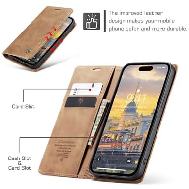 CASEME Retro Lompakkokotelo iPhone 15 Prolle - Ruskea