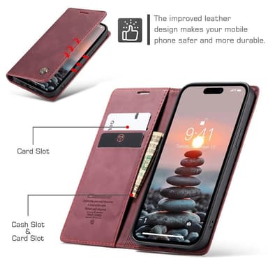 CASEME Retro lompakkokotelo iPhone 15 Prolle - Punainen