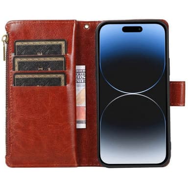 Kaksoiskäänto Zipper 9-kortti Apple iPhone 15 Plus - Ruskea