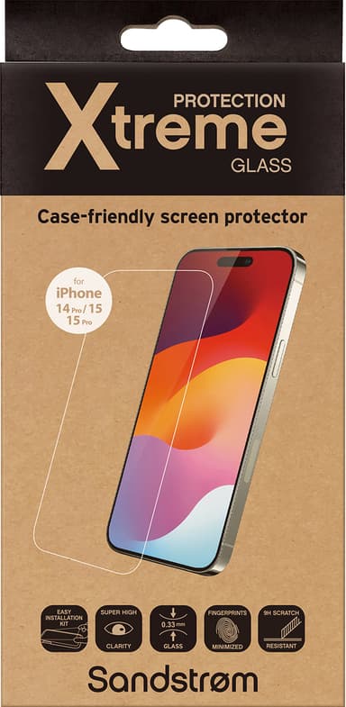 Sandstrøm iPhone 15/15 Pro/14 Pro Flat Glass näytönsuoja