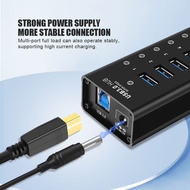 NÖRDIC 8-porttinen virtakeskitin USB-A 3.0 5Gbps kytkimellä 1.2m kaapeli alumiinimusta virtalähteellä