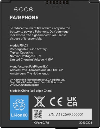Fairphone 5 puhelimen akku