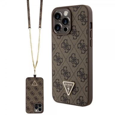 Guess iPhone 15 Pro Max Kuori Metal Logo Strass Crossbody Strap Ruskea