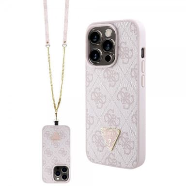 Guess iPhone 15 Pro Kuori Metal Logo Strass Crossbody Strap Vaaleanpunainen