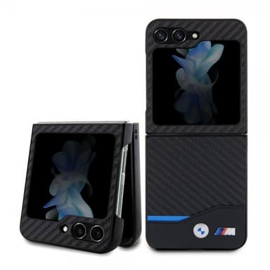 BMW Samsung Galaxy Z Flip 5 Kuori Carbon Effect Metal Logo Musta