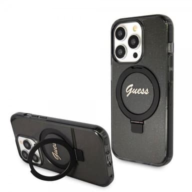 Guess iPhone 15 Pro Kuori Ring Stand Glitter MagSafe Musta