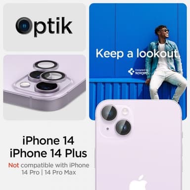Spigen iPhone 14/iPhone 14 Plus Kameran linssinsuojus GLAS.tR EZ Fit Optik Pro Violetti 2-pakkaus