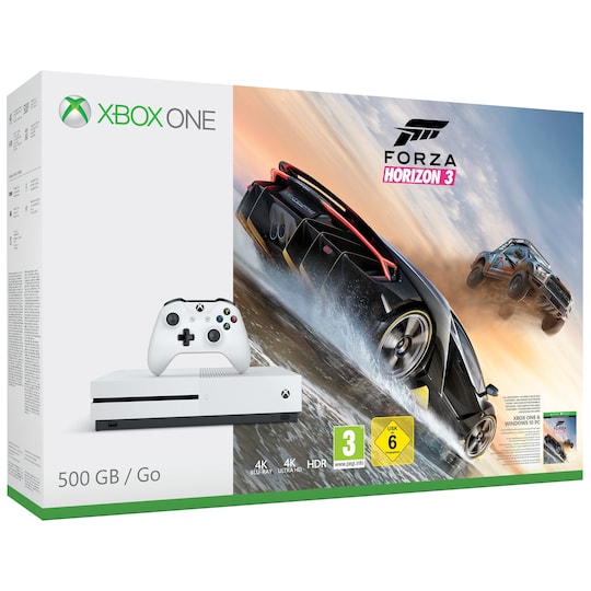 Xbox One S 500 GB Forza Horizon 3 konsolipaketti (valk)