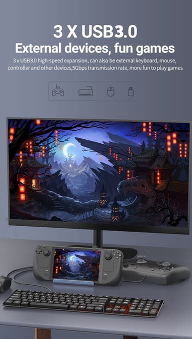 NÖRDIC USB-C 1–6 -telakointiasema Steam Deckille, HDMI 2.0 4k60Hz, RJ45, USB-A 3.0 5 Gbps, 100 W USB-C PD