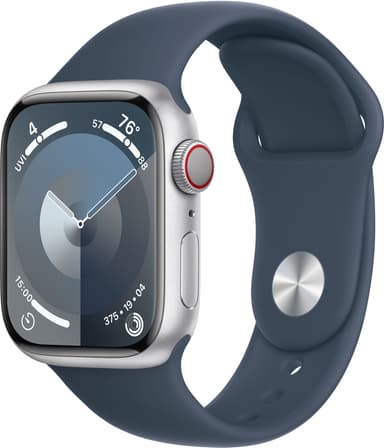 Apple Watch S9 41mm GPS+CEL (hopea alu./ myrskynsin. Sport Band) M/L