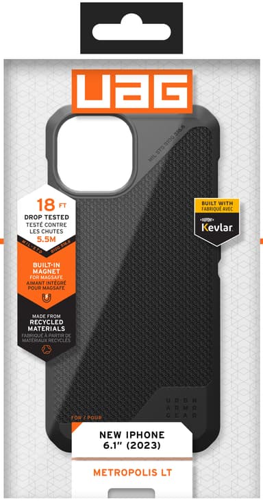 UAG Metropolis Lite MagSafe iPhone 15 suojakuori (kevlar/musta)
