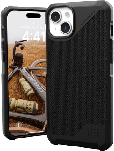 UAG Metropolis Lite MagSafe iPhone 15 Plus suojakuori (kevlar/musta)