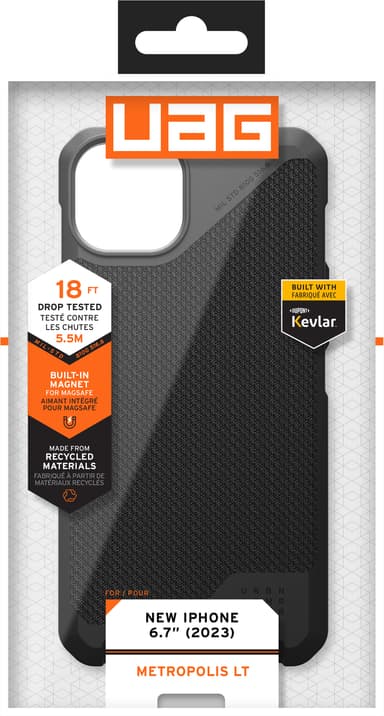 UAG Metropolis Lite MagSafe iPhone 15 Plus suojakuori (kevlar/musta)