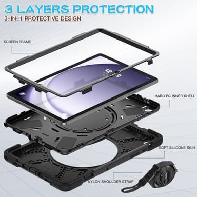 SKALO Samsung Tab A9+ Extra Shock Resistant Armor Rengas kuori olkahihnalla - Musta