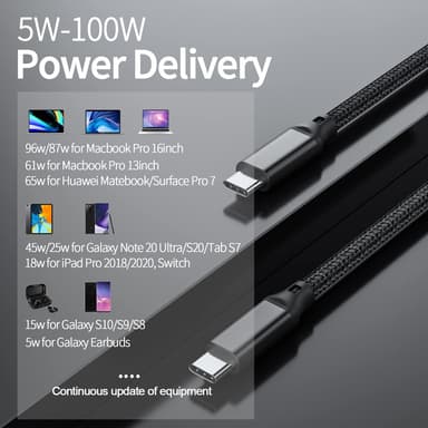 NÖRDIC 2m USB3.2 Gen2 SuperSpeed ​​​​USB 10 Gbps USB-C–C nylon-punottu kaapeli Power Delivery 100W, 4K60Hz video ja Emarker