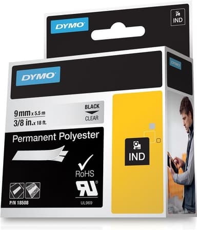 DYMO RhinoPRO pysyvä merkkausteippi polyesteri, 9 mm, läpinäkyvä