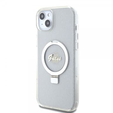 Guess iPhone 15 Plus Kuori Ring Stand Glitter MagSafe Läpinäkyvä