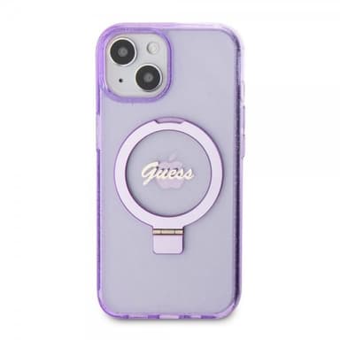 Guess iPhone 15 Plus Kuori Ring Stand Glitter MagSafe Violetti